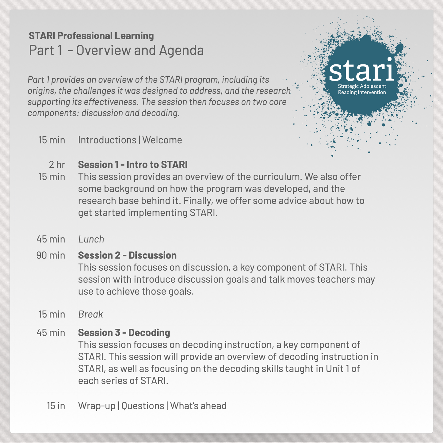 STARI Live Virtual Professional Learning - July 28 & 30, 2026