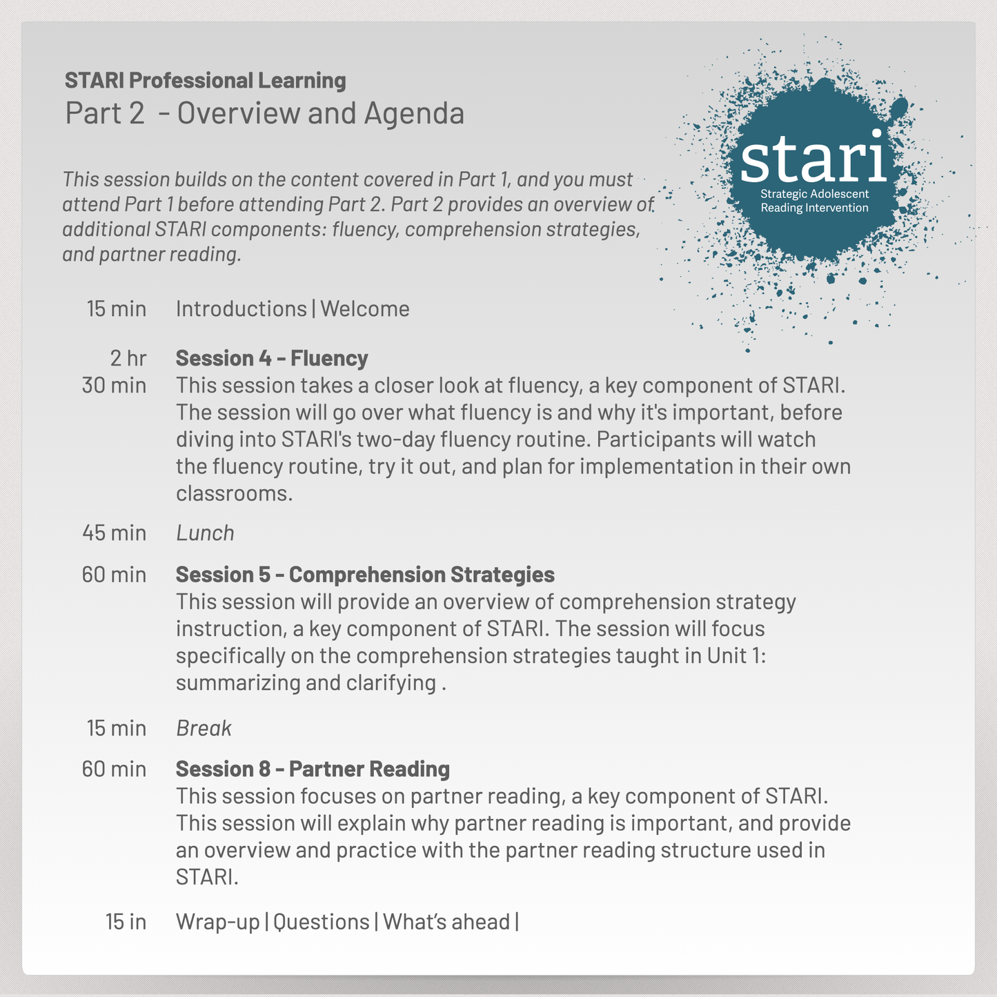 STARI Live Virtual Professional Learning - July 28 & 30, 2026